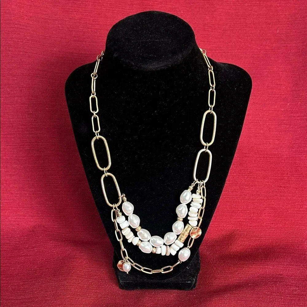 Gold Tone Paperclip 16” Chain Layered Pearls Beads Charms Boho Statement Choker